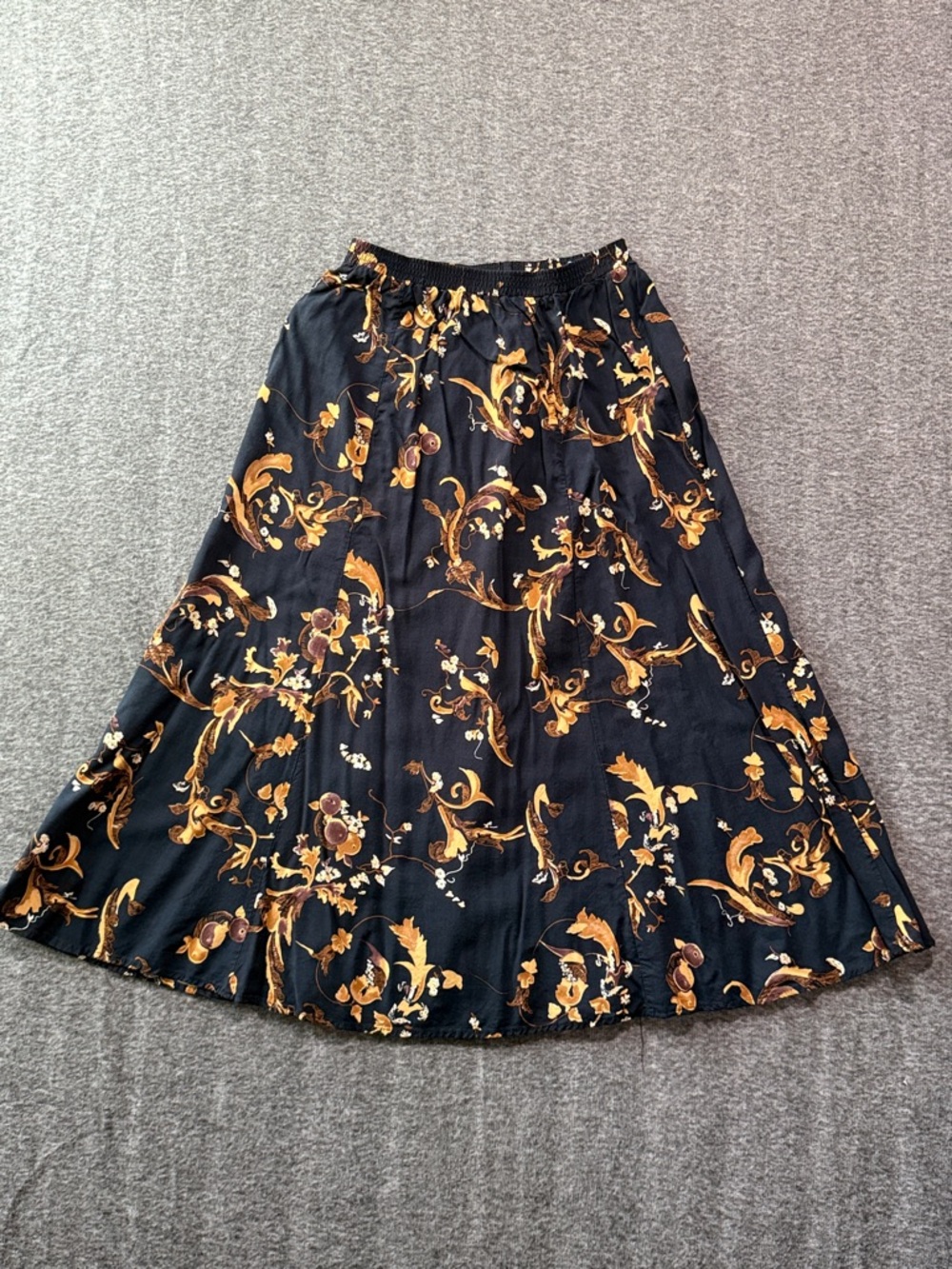 Liz Baker Boho Black A-Line Skirt with Gold Floral Scroll Print Size Small